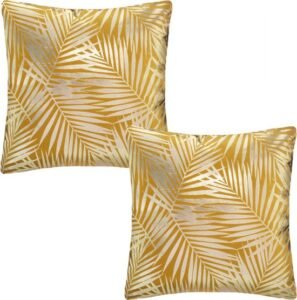 Atmosphera bank sierkussens in okergoud met palmenmotief, set van 2 stuks, 40 x 40 cm, perfect voor sfeervolle woondecoratie, woonhuisaccessoires, en als sierkussen op de bank.