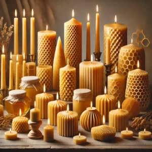 Bijenwas kaarsen op een houten bord, woonhuisaccessoires