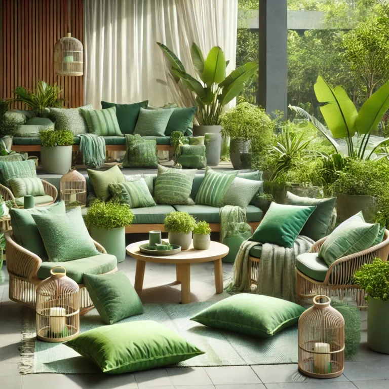 "Groene kussens en woonaccessoires op tuinmeubilair in een zonnige buitenomgeving, voor een frisse en stijlvolle buitenruimte."