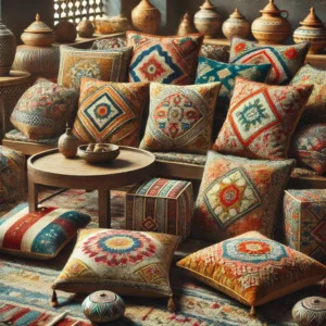 "Marokkaanse kussens met levendige kleuren en patronen, perfect voor jouw woonaccessoires en interieur."