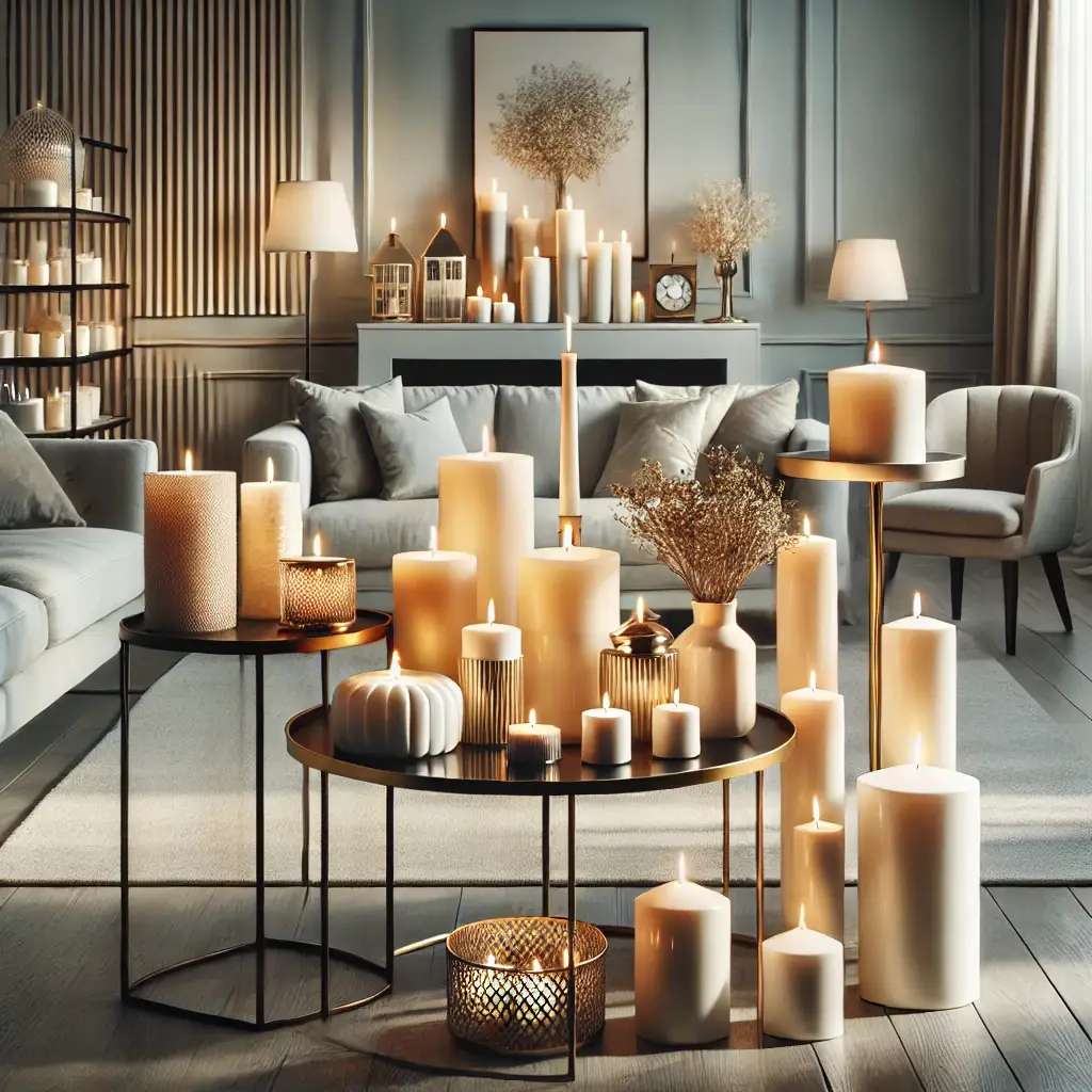 tijlvolle woonkamer met een variëteit aan kaarsen: geurige kaarsen, led kaarsen, bijenwas kaarsen en stomp kaarsen, gepresenteerd op een tafel in een moderne, lichte ruimte, Woonhuis accessoires