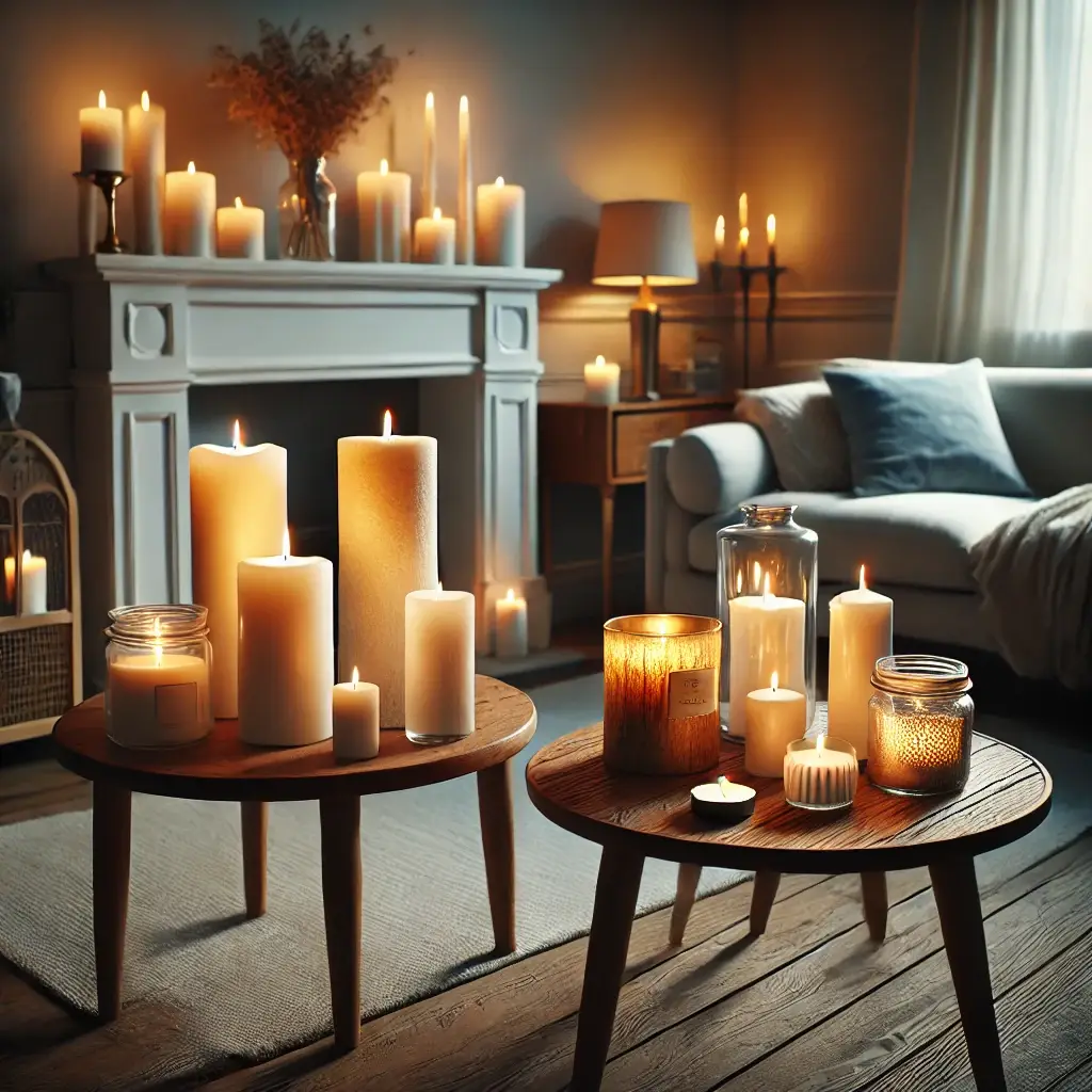 Gezellige moderne woonkamer met verschillende soorten kaarsen, waaronder witte stomp kaarsen, geurkaarsen in glazen potten, een LED-kaars voor veiligheid, en een Woodwick-kaars met een knisperende vlam, geplaatst op verschillende woonhuisaccessoires.