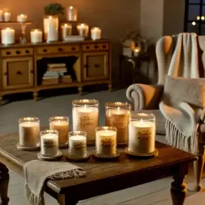 Een gezellige woonkamer met een centrale tafel waarop verschillende kaarsen met gepersonaliseerde tekst staan. De kaarsen stralen een zacht, warm licht uit in een rustieke omgeving met houten meubels en een comfortabele stoel met een plaid