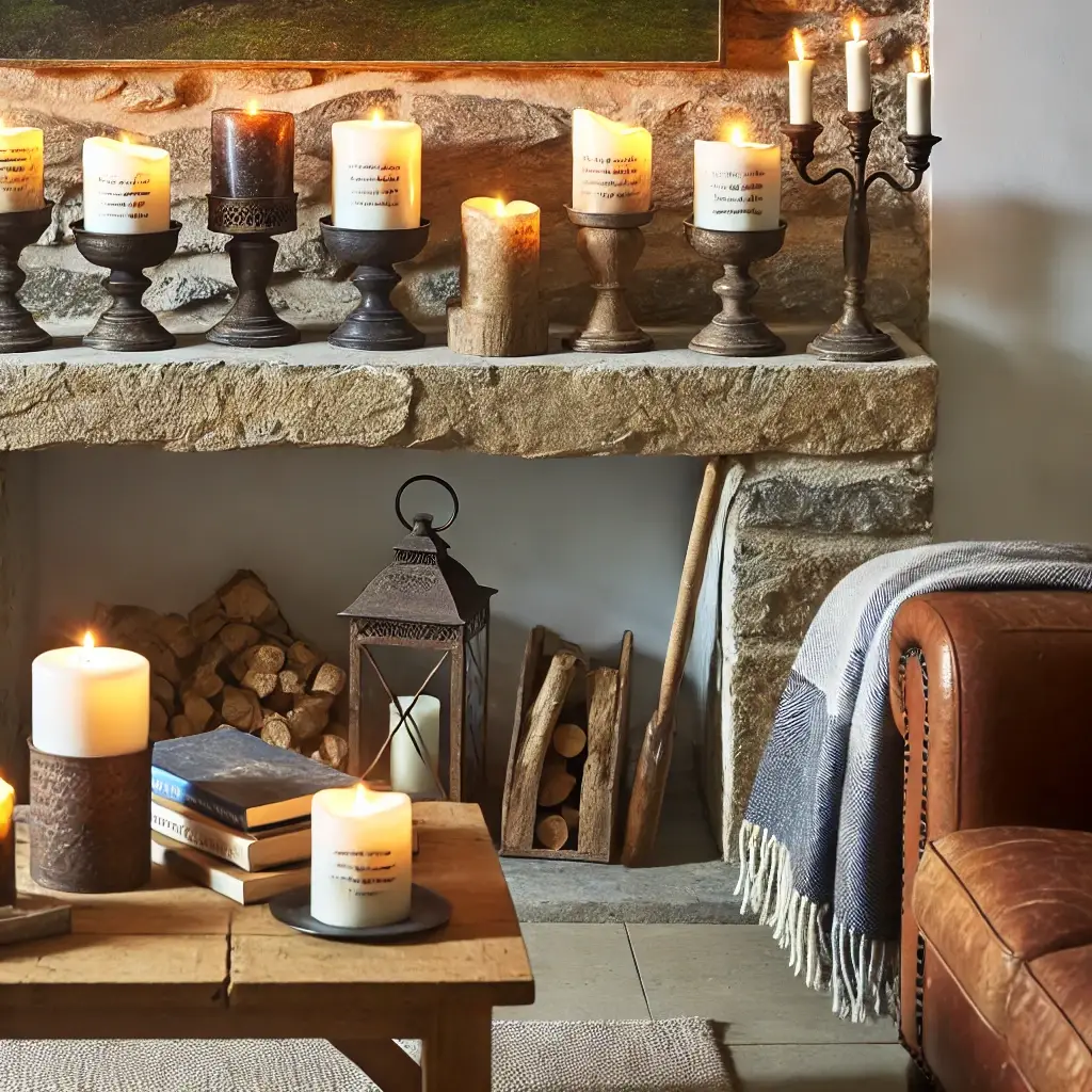 Een gezellige, moderne woonkamer met een minimalistisch design, waarin kaarsen met gepersonaliseerde tekst op een strakke salontafel staan. De kaarsen in matte zwarte houders stralen een zachte, warme gloed uit, wat zorgt voor een kalme en uitnodigende sfeer in de elegant ingerichte ruimte, woonhuis accessoires