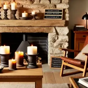 Een gezellige woonkamer met een centrale tafel waarop verschillende kaarsen met gepersonaliseerde tekst staan. De kaarsen stralen een zacht, warm licht uit in een rustieke omgeving met houten meubels en een comfortabele stoel met een plaid