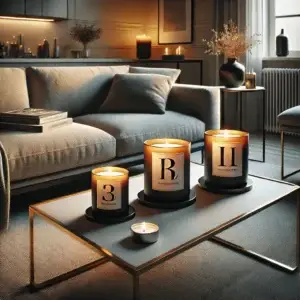 Een gezellige woonkamer met een centrale tafel waarop verschillende kaarsen met gepersonaliseerde tekst staan. De kaarsen stralen een zacht, warm licht uit in een rustieke omgeving met houten meubels en een comfortabele stoel met een plaid