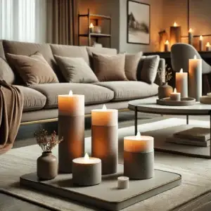 Een stijlvol ingerichte woonkamer met LED kaarsen in taupe kleur op een moderne salontafel. De kaarsen stralen een warme, uitnodigende gloed uit in een minimalistische ruimte met neutrale tinten en taupe accenten, woonhuis accessoires