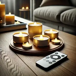 Een close-up van LED waxinelichtjes met een afstandsbediening, geplaatst op een stijlvolle houten ondergrond. De LED waxinelichtjes stralen een warme, flikkerende gloed uit en creëren een rustgevende sfeer, met subtiele decoratieve elementen op de achtergrond, woonhuis accessoires