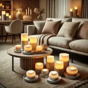 Een gezellige en stijlvolle woonkamer met een set LED kaarsen in verschillende maten op een salontafel. De LED kaarsen stralen een warme gloed uit en creëren een comfortabele sfeer in een modern ingerichte ruimte, woonhuis accessoires