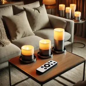 Een moderne woonkamer met elektrische kaarsen en een afstandsbediening op een stijlvolle salontafel. De kaarsen stralen een warme gloed uit, en de afstandsbediening ligt ernaast, wat de gebruiksvriendelijkheid benadrukt in een ontspannen en functionele omgeving, woonhuis accessoires