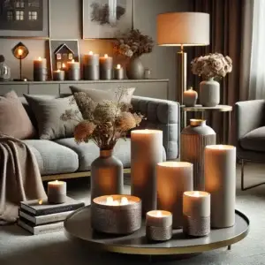 Een stijlvolle set taupe LED-kaarsen in verschillende formaten op een moderne salontafel in een gezellige woonkamer. De kaarsen voegen een warme gloed toe aan de ruimte, waardoor de woonhuisaccessoires een serene en elegante sfeer creëren.