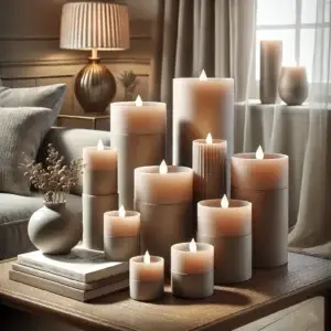Een stijlvolle set taupe LED-kaarsen in verschillende formaten op een moderne salontafel in een gezellige woonkamer. De kaarsen voegen een warme gloed toe aan de ruimte, waardoor de woonhuisaccessoires een serene en elegante sfeer creëren.