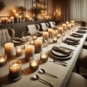 Een stijlvolle set taupe LED-kaarsen in verschillende formaten op een moderne salontafel in een gezellige woonkamer. De kaarsen voegen een warme gloed toe aan de ruimte, waardoor de woonhuisaccessoires een serene en elegante sfeer creëren.