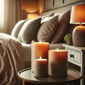 Een stijlvolle set taupe LED-kaarsen in verschillende formaten op een moderne salontafel in een gezellige woonkamer. De kaarsen voegen een warme gloed toe aan de ruimte, waardoor de woonhuisaccessoires een serene en elegante sfeer creëren.