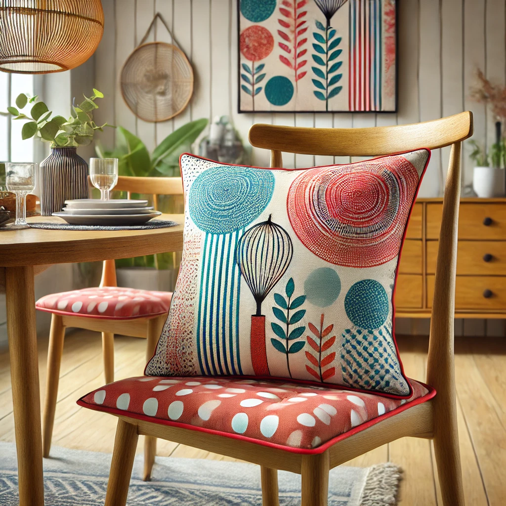 Decoratief stoelkussen in een levendige kleur met een moderne print, geplaatst op een houten eetkamerstoel in een gezellige eethoek, perfect als woonhuisaccessoires en voor woondecoratie.