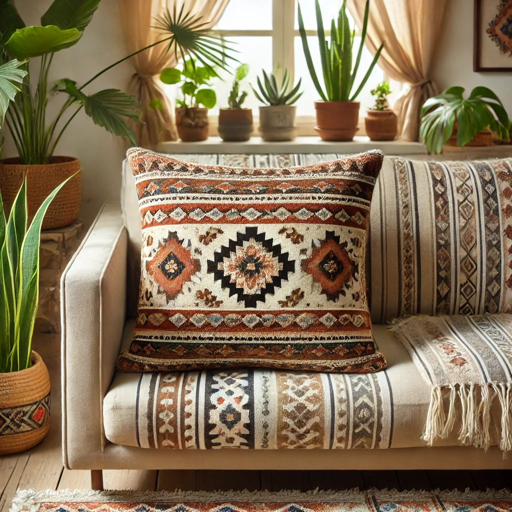 Kelim kussen met traditionele geometrische patronen in rijke, aardse tinten, gelegen op een bohemien-stijl bank in een zonnige kamer met planten, een prachtig voorbeeld van woonhuisaccessoires en woondecoratie.