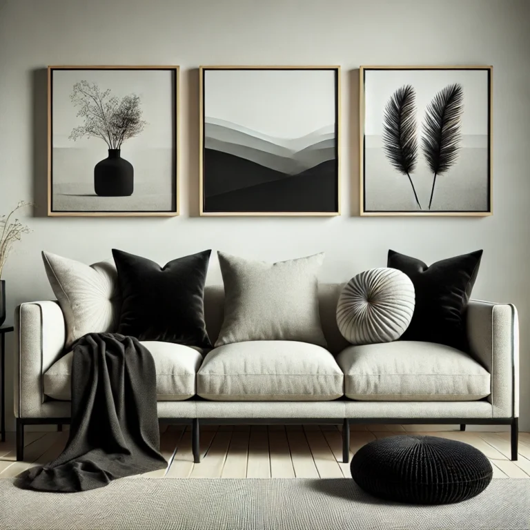 Set zwarte kussens met een minimalistisch ontwerp, geplaatst op een moderne, lichte bank in een eigentijdse woonkamer, een elegante toevoeging aan woondecoratie en woonhuisaccessoires.