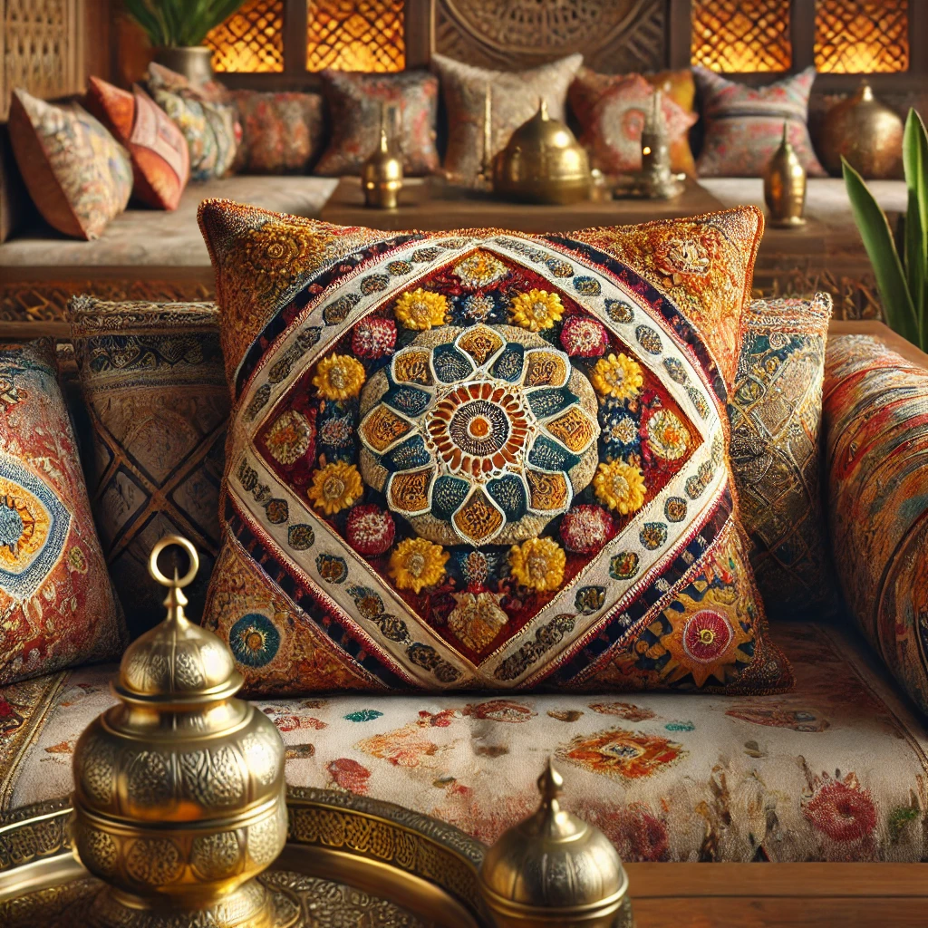 Marokkaans kussen, rijkelijk gedecoreerd met kleurrijke patronen en luxe materialen, gelegen op een luxe loungeplek, een sfeervolle optie voor woonhuisaccessoires en woondecoratie.