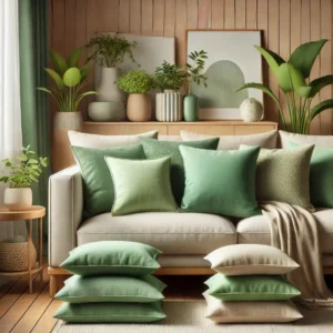 Set groene kussens in verschillende tinten, van pastelgroen tot diep smaragdgroen, gestapeld op een gezellige bank in een natuurlijke omgeving, een frisse keuze voor woondecoratie en als woonhuisaccessoires.