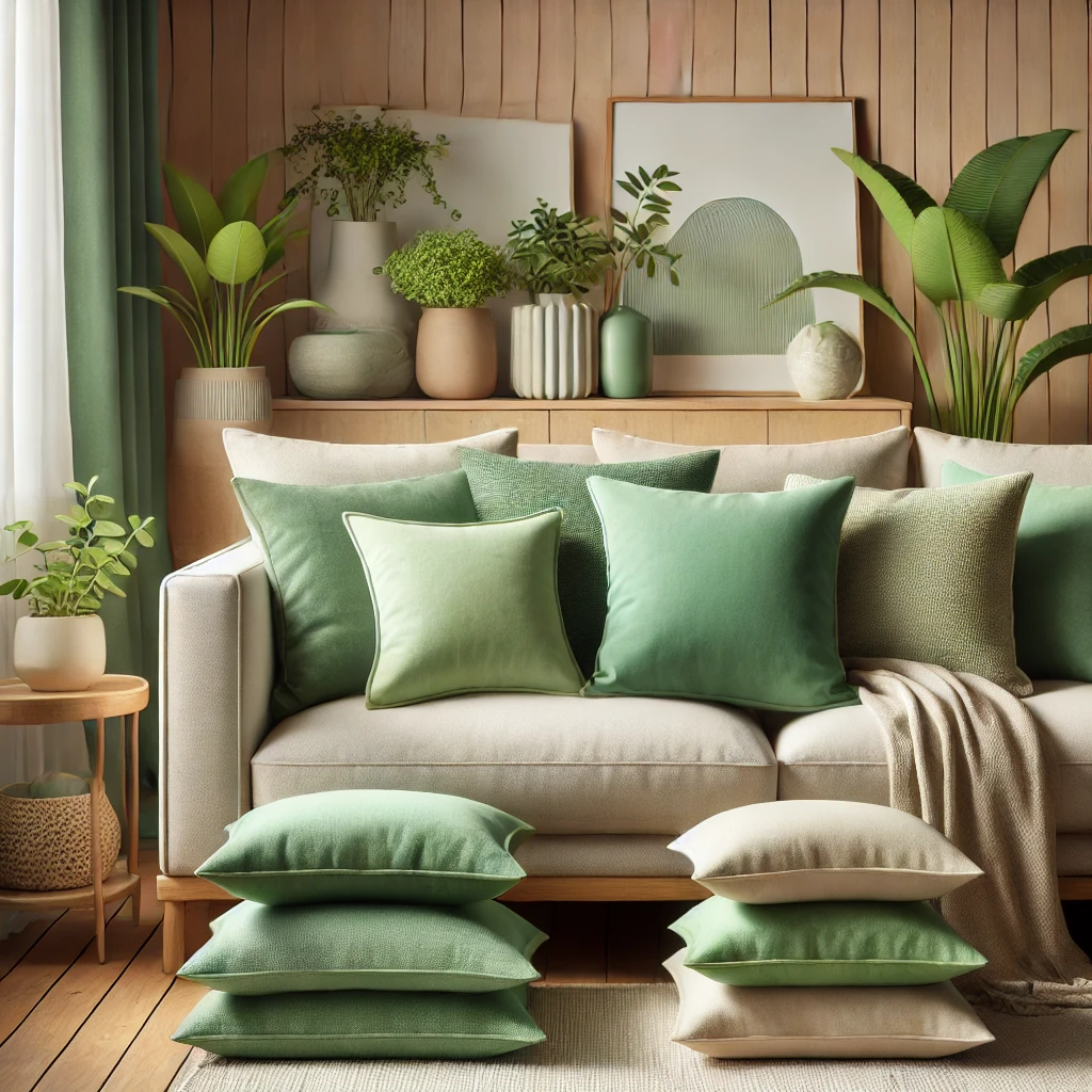 Set groene kussens in verschillende tinten, van pastelgroen tot diep smaragdgroen, gestapeld op een gezellige bank in een natuurlijke omgeving, een frisse keuze voor woondecoratie en als woonhuisaccessoires.