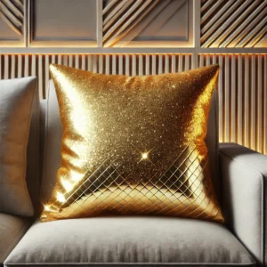 Glamoureus gouden kussen met een luxe fluwelen afwerking, liggend op een moderne, neutraal gekleurde bank, glinsterend in het licht, perfect voor woonhuisaccessoires en woondecoratie.