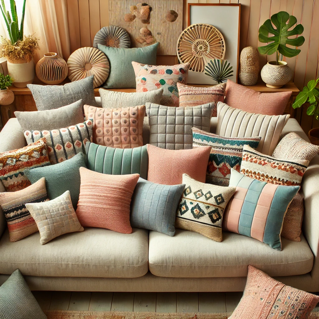 Diverse set bankkussens met verschillende vormen, kleuren en texturen, perfect gepositioneerd op een comfortabele bank in een warme sfeer, een geweldige aanvulling voor woondecoratie en als woonhuisaccessoires.