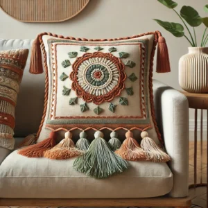 Decoratieve kussens voor op de bank in diverse stijlen, waaronder een gebreide kussen in warme beige, een levendig bloemenpatroon, een minimalistisch donkerblauw ontwerp, een bohemian-stijl kussen met franjes en een luxe donkergroene kussen. Deze kussens zijn perfect voor het verbeteren van je woondecoratie en als stijlvolle woonhuisaccessoires.