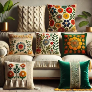 Decoratieve kussens voor op de bank in diverse stijlen, waaronder een gebreide kussen in warme beige, een levendig bloemenpatroon, een minimalistisch donkerblauw ontwerp, een bohemian-stijl kussen met franjes en een luxe donkergroene kussen. Deze kussens zijn perfect voor het verbeteren van je woondecoratie en als stijlvolle woonhuisaccessoires.