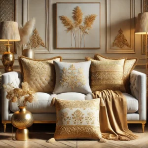 Set van elegante gouden kussens in verschillende stijlen en texturen, perfect geplaatst op moderne en luxueuze meubelstukken in een uitnodigende woonkamer, ideaal voor woonhuisaccessoires en woondecoratie