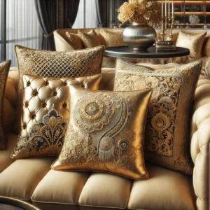 Set van elegante gouden kussens in verschillende stijlen en texturen, perfect geplaatst op moderne en luxueuze meubelstukken in een uitnodigende woonkamer, ideaal voor woonhuisaccessoires en woondecoratie