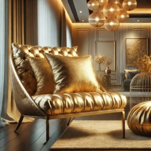 Set van elegante gouden kussens in verschillende stijlen en texturen, perfect geplaatst op moderne en luxueuze meubelstukken in een uitnodigende woonkamer, ideaal voor woonhuisaccessoires en woondecoratie