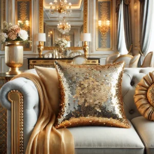 Set van elegante gouden kussens in verschillende stijlen en texturen, perfect geplaatst op moderne en luxueuze meubelstukken in een uitnodigende woonkamer, ideaal voor woonhuisaccessoires en woondecoratie