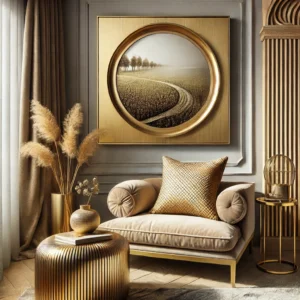 Set van elegante gouden kussens in verschillende stijlen en texturen, perfect geplaatst op moderne en luxueuze meubelstukken in een uitnodigende woonkamer, ideaal voor woonhuisaccessoires en woondecoratie