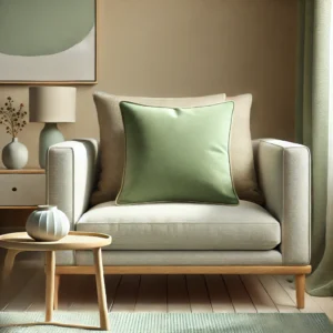 Set van diverse groene kussens in verschillende tinten en stijlen, perfect geplaatst op moderne en gezellige meubelstukken in een uitnodigende woonkamer, ideaal voor woonhuisaccessoires en woondecoratie.