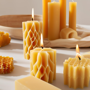 Bijenwas kaarsen op een houten bord, woonhuisaccessoires