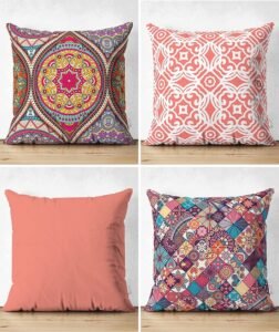 Set van 4 Marokkaanse sierkussens in mozaïekdesign, perfect voor woon decoratie en als woonhuisaccessoires. Deze kussens zijn ideale woon accessoires voor elke kamer.