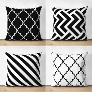 Set van 4 sierkussens met zwart-wit zigzagpatroon, ideaal voor woon decoratie en als woonhuisaccessoires. Deze kussens zijn perfecte woon accessoires voor elke kamer.