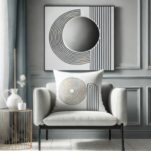 Set van stijlvolle sierkussens in diverse ontwerpen en texturen, geplaatst op verschillende meubels zoals banken, stoelen en tafels, ideaal voor een moderne en gezellige inrichting als woonhuisaccessoires en woondecoratie.