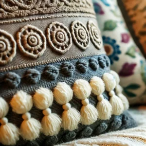 Set van stijlvolle sierkussens in diverse ontwerpen en texturen, geplaatst op verschillende meubels zoals banken, stoelen en tafels, ideaal voor een moderne en gezellige inrichting als woonhuisaccessoires en woondecoratie.