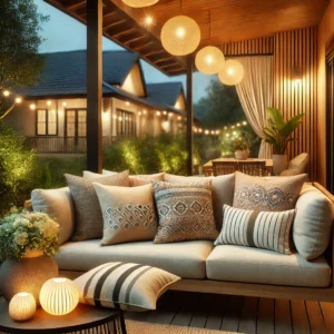 Set van stijlvolle sierkussens in diverse ontwerpen en texturen, geplaatst op verschillende meubels zoals banken, stoelen en tafels, ideaal voor een moderne en gezellige inrichting als woonhuisaccessoires en woondecoratie.