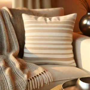 Set van stijlvolle sierkussens in diverse ontwerpen en texturen, geplaatst op verschillende meubels zoals banken, stoelen en tafels, ideaal voor een moderne en gezellige inrichting als woonhuisaccessoires en woondecoratie.