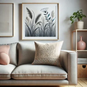 Set van stijlvolle sierkussens in diverse ontwerpen en texturen, geplaatst op verschillende meubels zoals banken, stoelen en tafels, ideaal voor een moderne en gezellige inrichting als woonhuisaccessoires en woondecoratie.