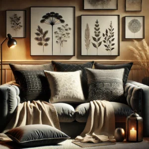 Set van stijlvolle zwarte kussens in verschillende stijlen en texturen, geplaatst op moderne en comfortabele meubels in een warme woonkamer, ideaal voor woonhuisaccessoires en woondecoratie.