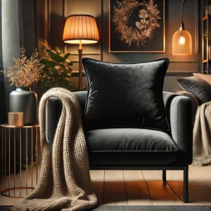 Set van stijlvolle zwarte kussens in verschillende stijlen en texturen, geplaatst op moderne en comfortabele meubels in een warme woonkamer, ideaal voor woonhuisaccessoires en woondecoratie.