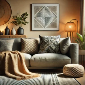 Set van stijlvolle zwarte kussens in verschillende stijlen en texturen, geplaatst op moderne en comfortabele meubels in een warme woonkamer, ideaal voor woonhuisaccessoires en woondecoratie.