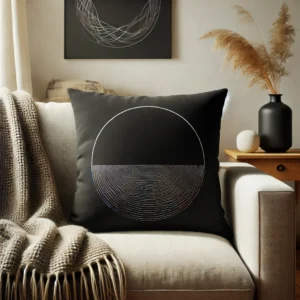 Set van stijlvolle zwarte kussens in verschillende stijlen en texturen, geplaatst op moderne en comfortabele meubels in een warme woonkamer, ideaal voor woonhuisaccessoires en woondecoratie.