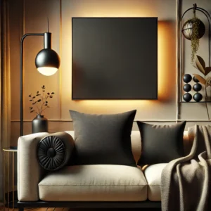 Set van stijlvolle zwarte kussens in verschillende stijlen en texturen, geplaatst op moderne en comfortabele meubels in een warme woonkamer, ideaal voor woonhuisaccessoires en woondecoratie.