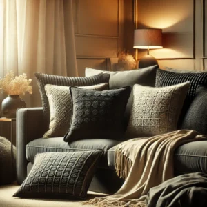 Set van stijlvolle zwarte kussens in verschillende stijlen en texturen, geplaatst op moderne en comfortabele meubels in een warme woonkamer, ideaal voor woonhuisaccessoires en woondecoratie.