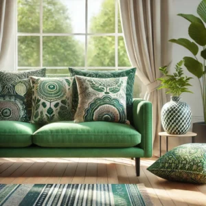 Set van diverse groene kussens in verschillende tinten en stijlen, perfect geplaatst op moderne en gezellige meubelstukken in een uitnodigende woonkamer, ideaal voor woonhuisaccessoires en woondecoratie.