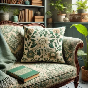 Set van diverse groene kussens in verschillende tinten en stijlen, perfect geplaatst op moderne en gezellige meubelstukken in een uitnodigende woonkamer, ideaal voor woonhuisaccessoires en woondecoratie.